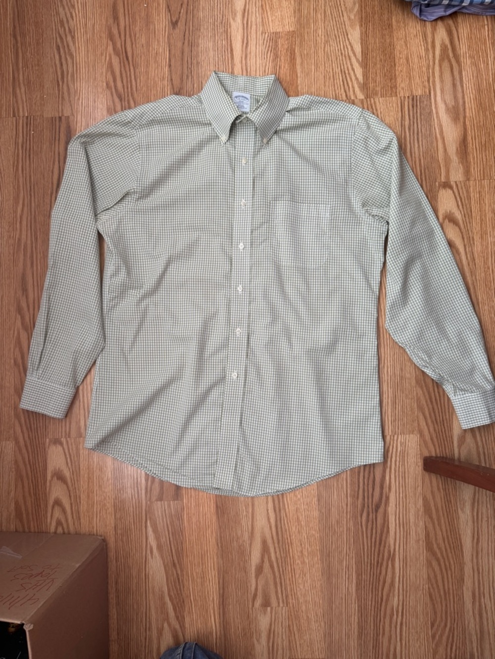 Brooks Brothers Green and White Check Button-Down Dress Shirt